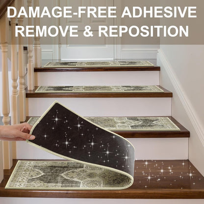 Non Slip Stair Treads for Wooden Steps Indoor, Dark Grey, 15pcs, 30"X8", Soft Carpet Mat, Machine Washable Boho Carpet Treads with Reusable Adhesive Backing, Safety Stair Tread for Dogs, Kids, Elders