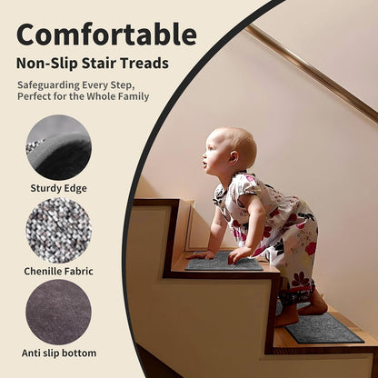 Non-Slip Stair Treads for Wooden Steps 15pcs,8"x30" Stair Carpet Treads for Indoor Use,Peel and Stick Stair Runners,Washable Reusable Adhesive Backing,Pet-Friendly Stair Capet for Kids,Elders,Dogs