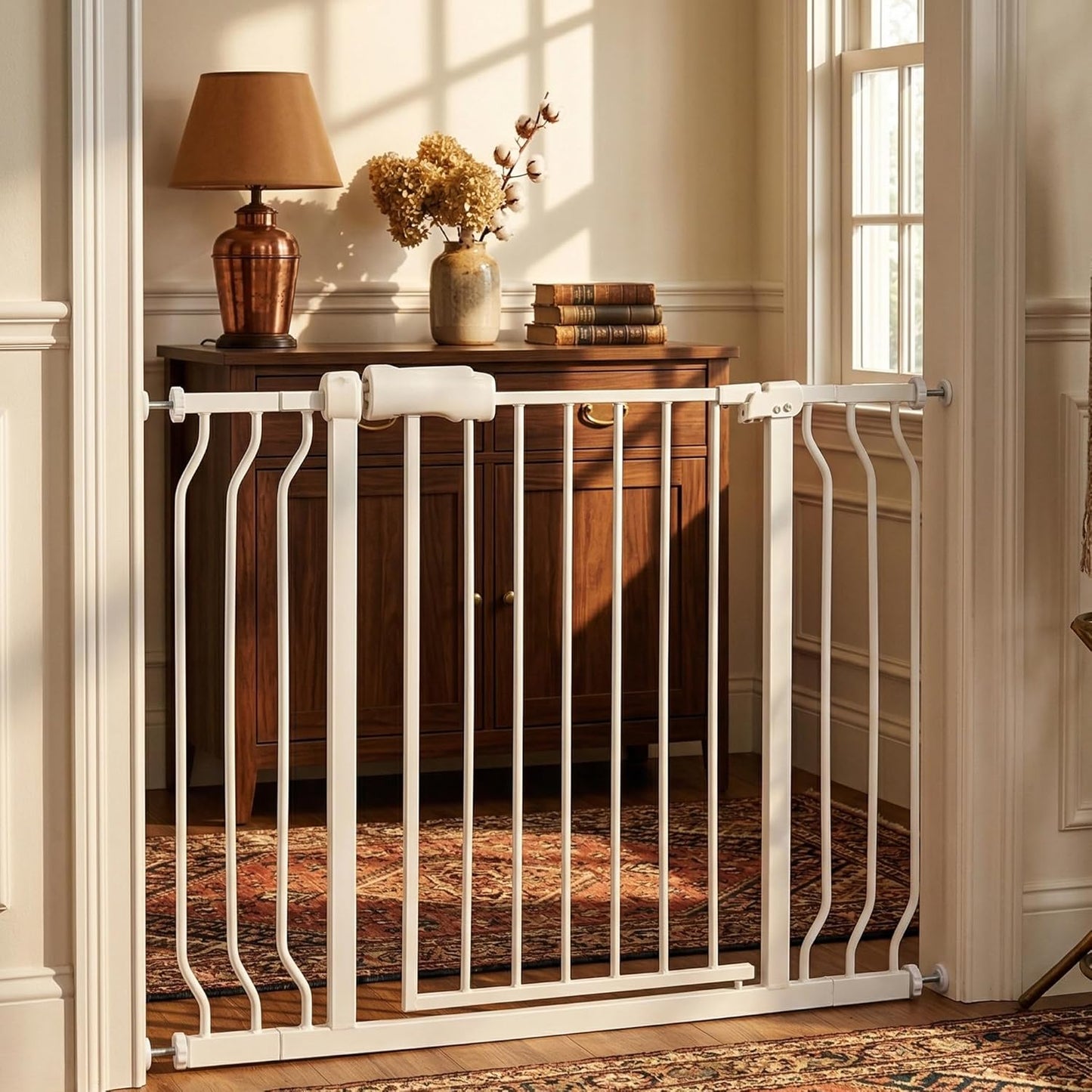 24-29 Inch Narrow Baby Gate, Pressure Mounted No Drilling Dog Gate for Stairs & Doorways, White Metal Safety Gate Indoor for Kids and Pets