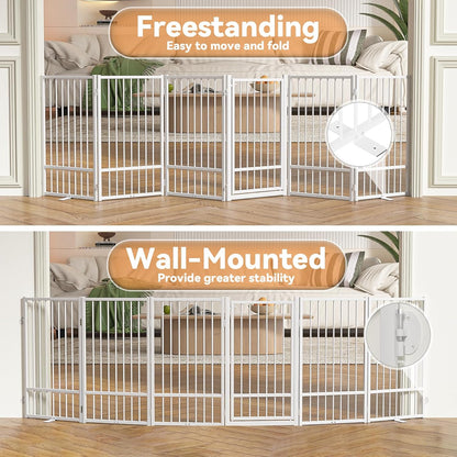 SNUOWU Full Metal Freestanding Dog Gate with Door, 32''Height Foldable Pet Dog Fence for Indoor & Outdoor, 4 Panels Extra Wide Free Standing TallDog Gates for Doorways,House,Stairs,Porch,Deck,Yard