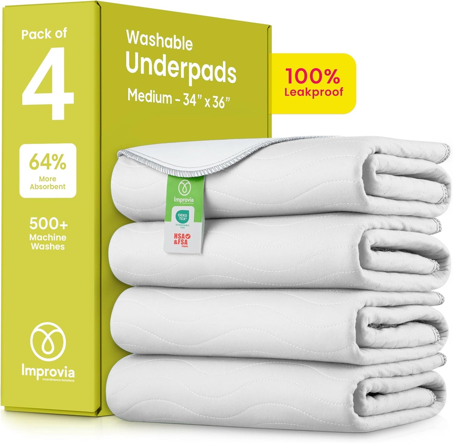 IMPROVIA® Washable Underpads, 34" x 36" (Pack of 4) - Heavy Absorbency Reusable Bedwetting Incontinence Pads for Kids, Adults, Elderly, and Pets - Waterproof Protective Pad for Bed, Couch, Sofa, Floor