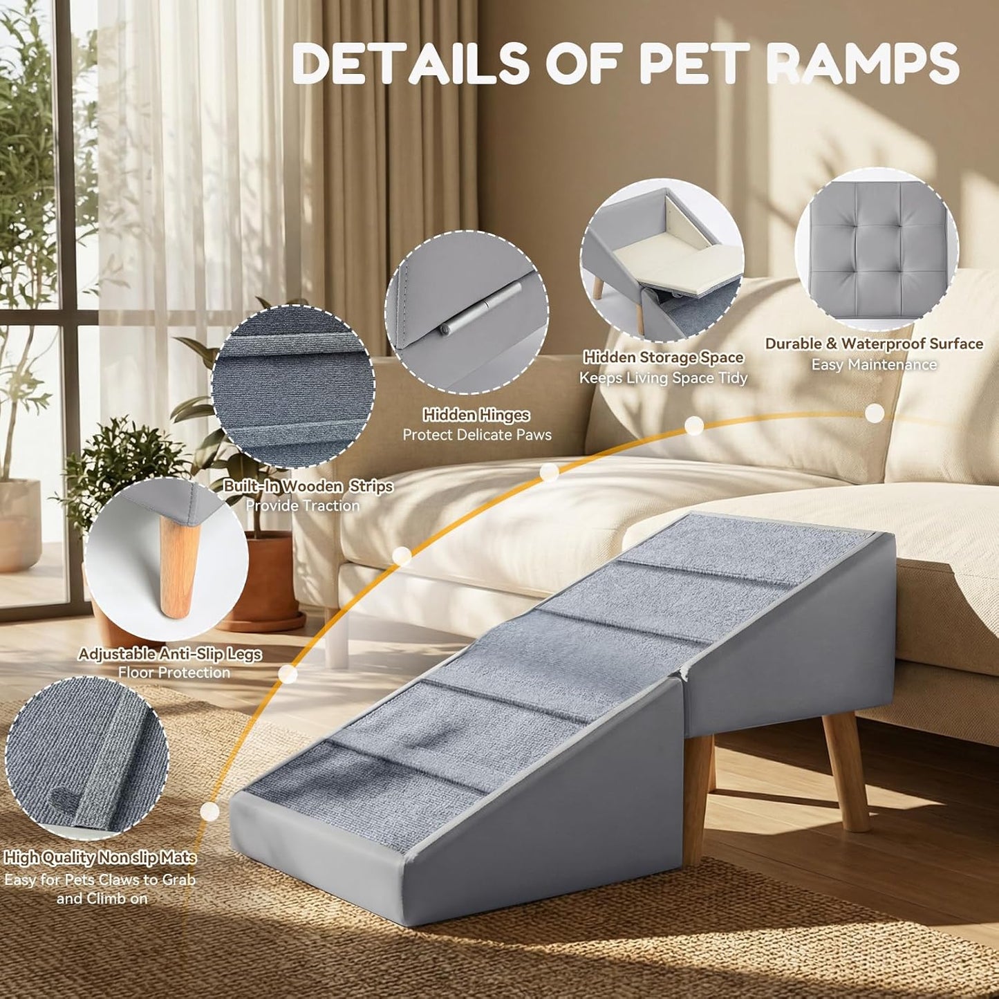 Dog Ramp for Small Dogs, 15.7" H 3-in-1 18.5" Extra Wide Foldable Ottoman & Hidden Storage Design Dog Stairs for Couch Sofa, Non-Slip Pet Steps for Puppy Senior Injured Dogs (White)