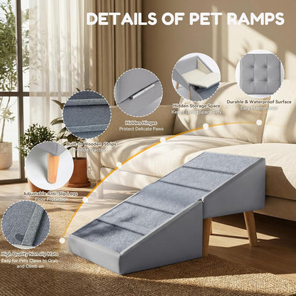 Dog Ramp for Small Dogs, 15.7" H 3-in-1 18.5" Extra Wide Foldable Ottoman & Hidden Storage Design Dog Stairs for Couch Sofa, Non-Slip Pet Steps for Puppy Senior Injured Dogs (White)