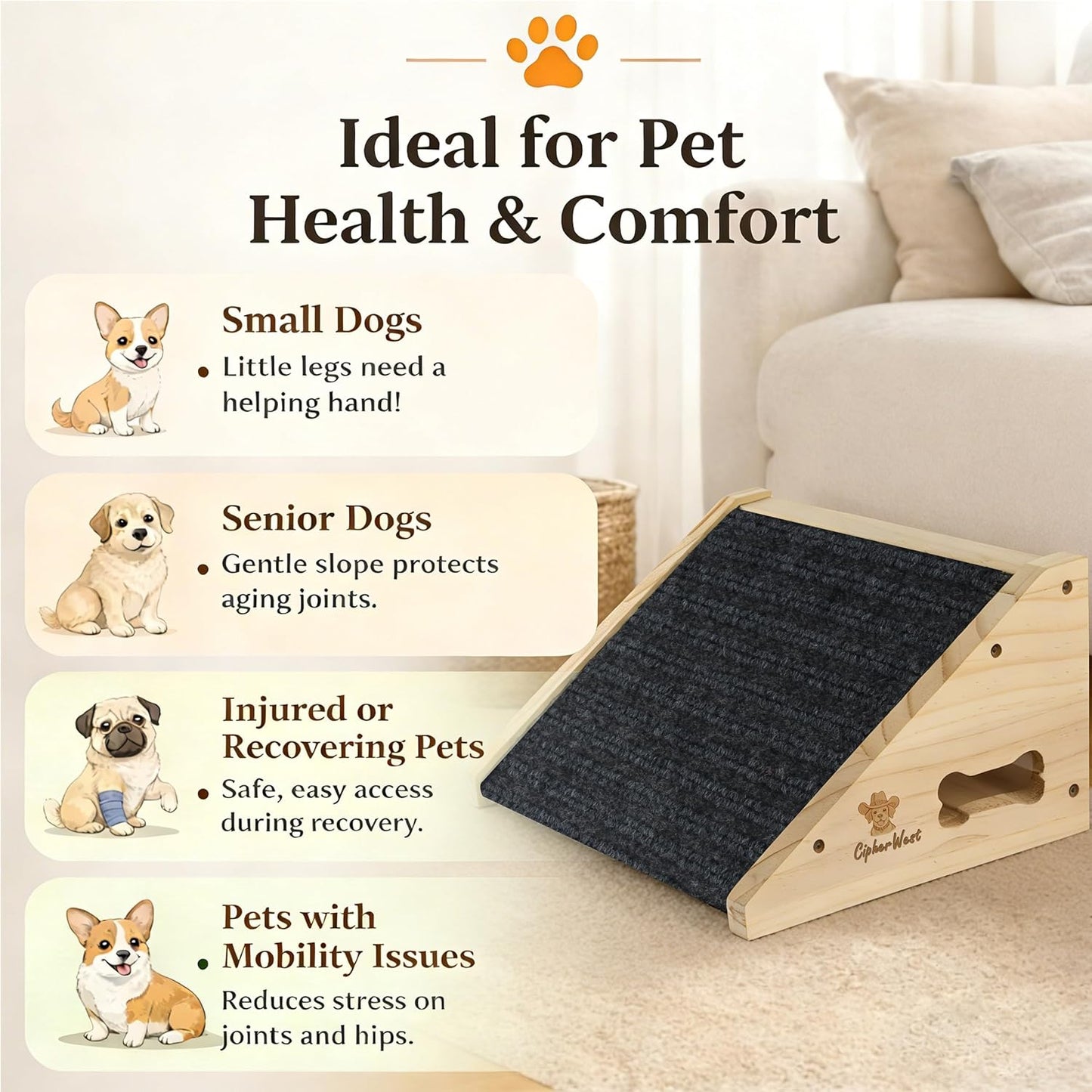 Wooden Dog Ramp for Bed, Sofa - Portable Pet Ramp with Non-Slip Carpet Surface & Bone-Shaped Handle, Senior Dog Stairs for Small Medium Breeds