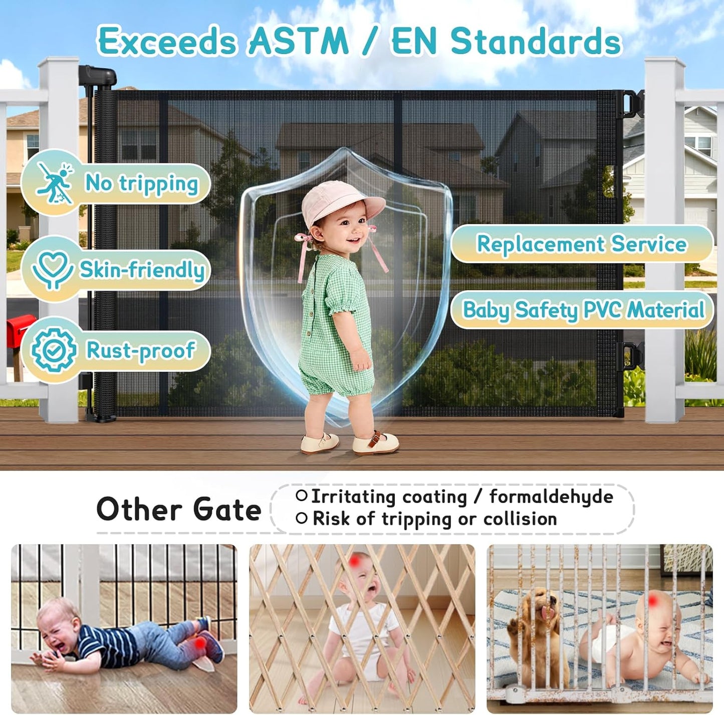 160 Inch Retractable Baby Gates Extra Wide, 42 Inch Extra Tall Retractable Gate, 13 FT Reinforced Retractable Dog Gate with Reinforcement Rod to Prevent Crawling Through, for Doorways, Stairs, Hallway