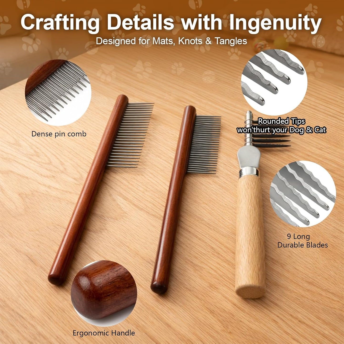 Dematting Comb for Dogs, 3 PCS Detangling Brush for Dogs and Cats, Professional Grooming Supplies, New Dual Row Comb Design with Long and Short Teeth,Easily Remove Knots, for Wavy & Curly Coats