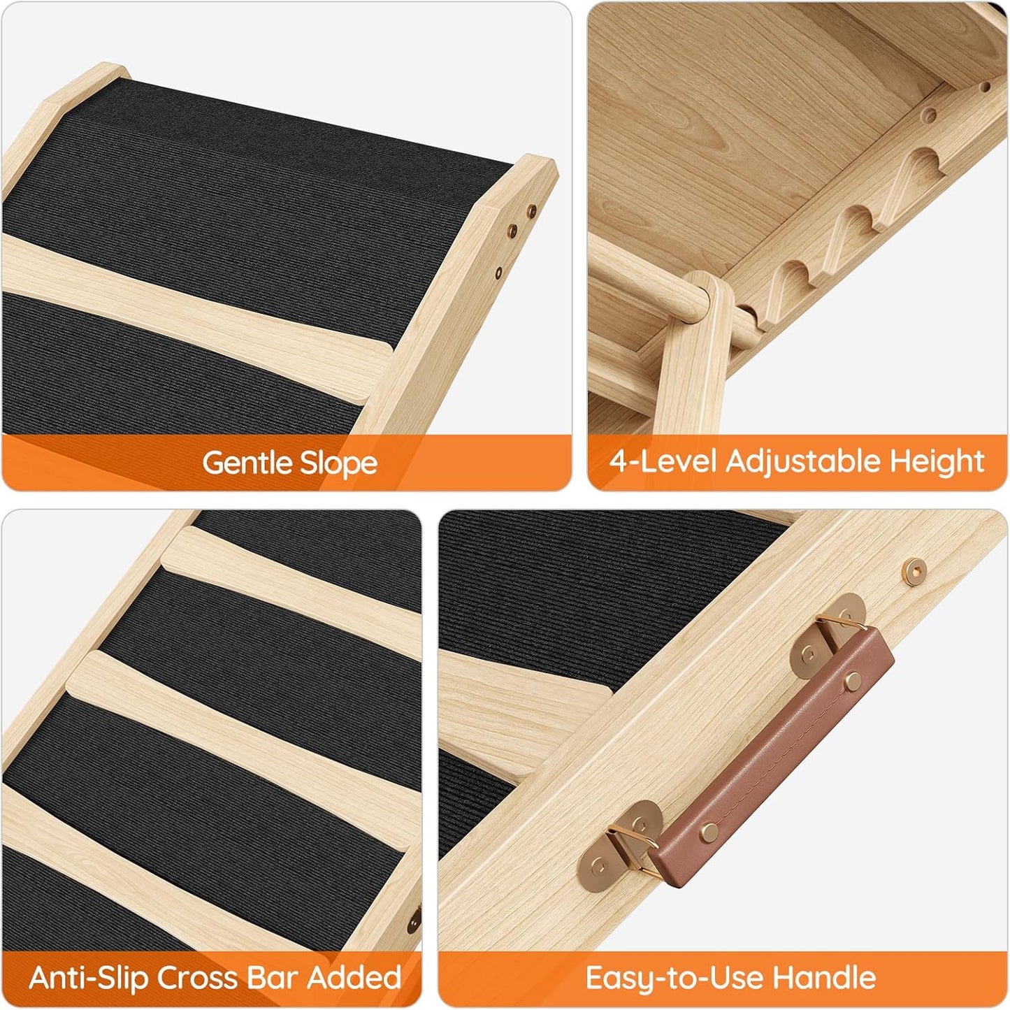 HOOBRO Dog Ramp for Bed, 15.7" Width Folding Pet Ramp with Guardrail and Non-Slip Mat, Dog Ramp for Couch, 4-Level Adjustable from 9.8" to 18.9", for Small Dogs, Natural and Black NB48PT03