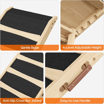 HOOBRO Dog Ramp for Bed, 15.7" Width Folding Pet Ramp with Guardrail and Non-Slip Mat, Dog Ramp for Couch, 4-Level Adjustable from 9.8" to 18.9", for Small Dogs, Natural and Black NB48PT03