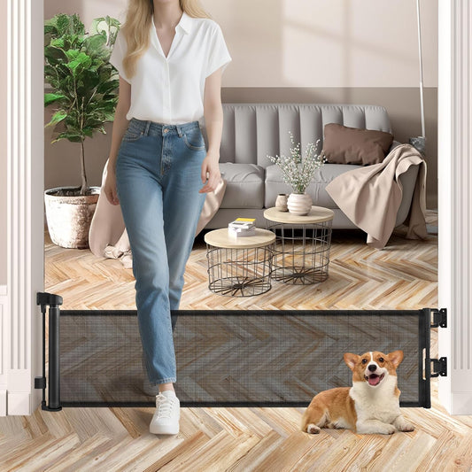 Short Dog Gate, 14" H Retractable Dog Gates, Mesh Retractable Step Over Pet Gates Puppy Gate, Extended up to 55" Wide for Stairs & Doorways Hallways - Drilling Required (Grey)