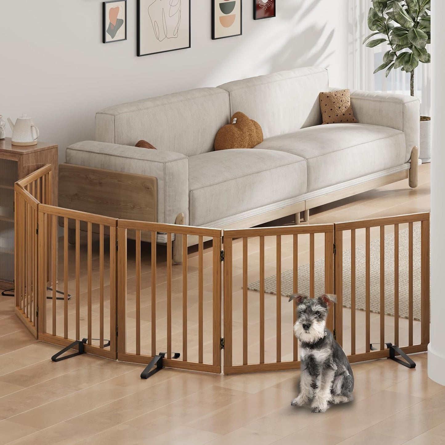 Freestanding Foldable Dog Gate - 4 Panel Room Divider with Metal Support Feet (Black)