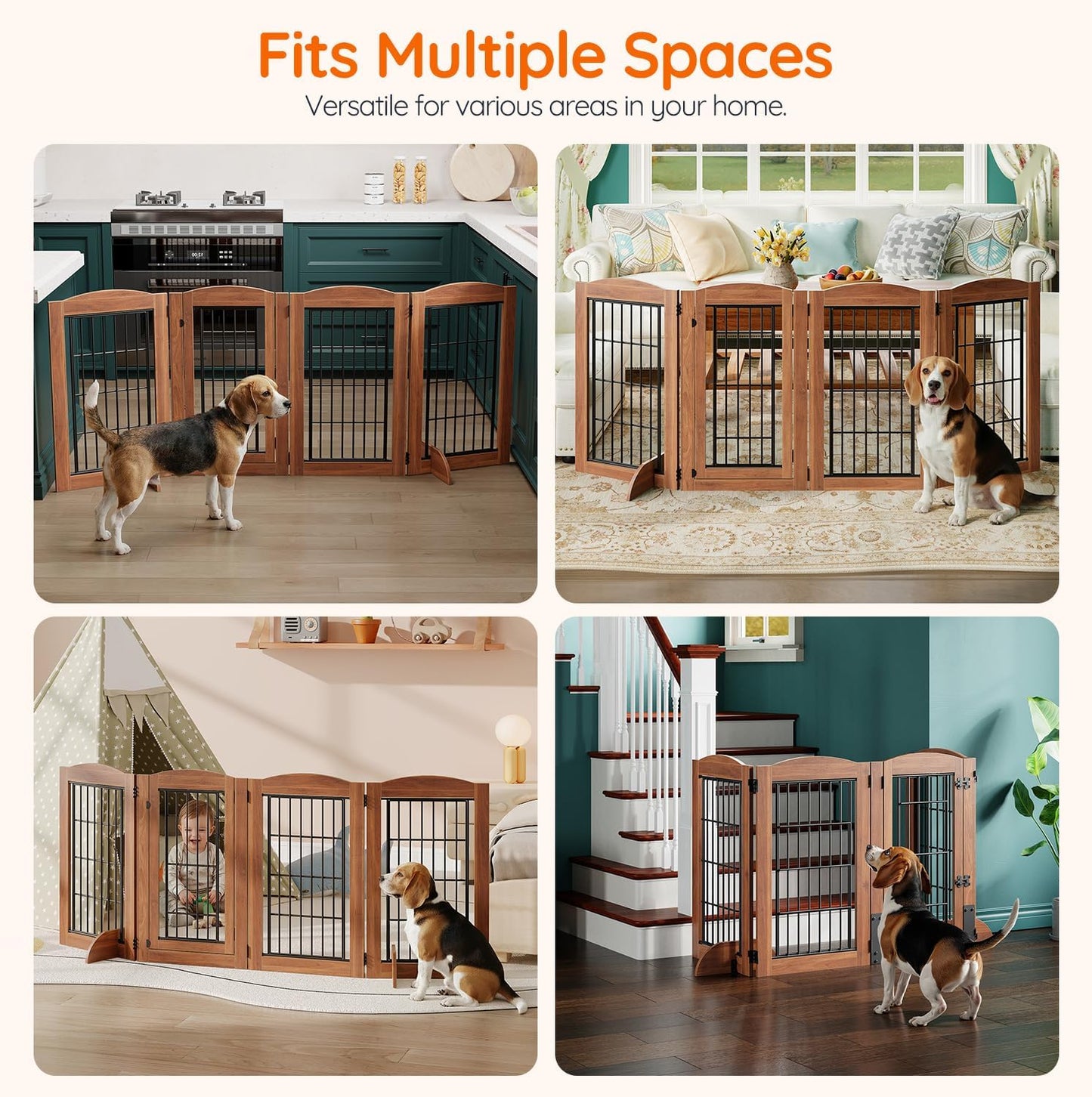 HOOBRO Dog Gate with Door Walk Through, 24.8'' Tall Freestanding Pet Gate with 2 Support Feet, Foldable Dog Fence Indoor, 360° Rotating Hinges, for Doorways, Stairs, Walnut BH85PP03