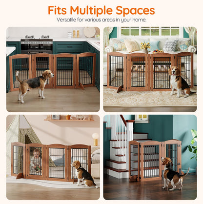 HOOBRO Dog Gate with Door Walk Through, 24.8'' Tall Freestanding Pet Gate with 2 Support Feet, Foldable Dog Fence Indoor, 360° Rotating Hinges, for Doorways, Stairs, Walnut BH85PP03