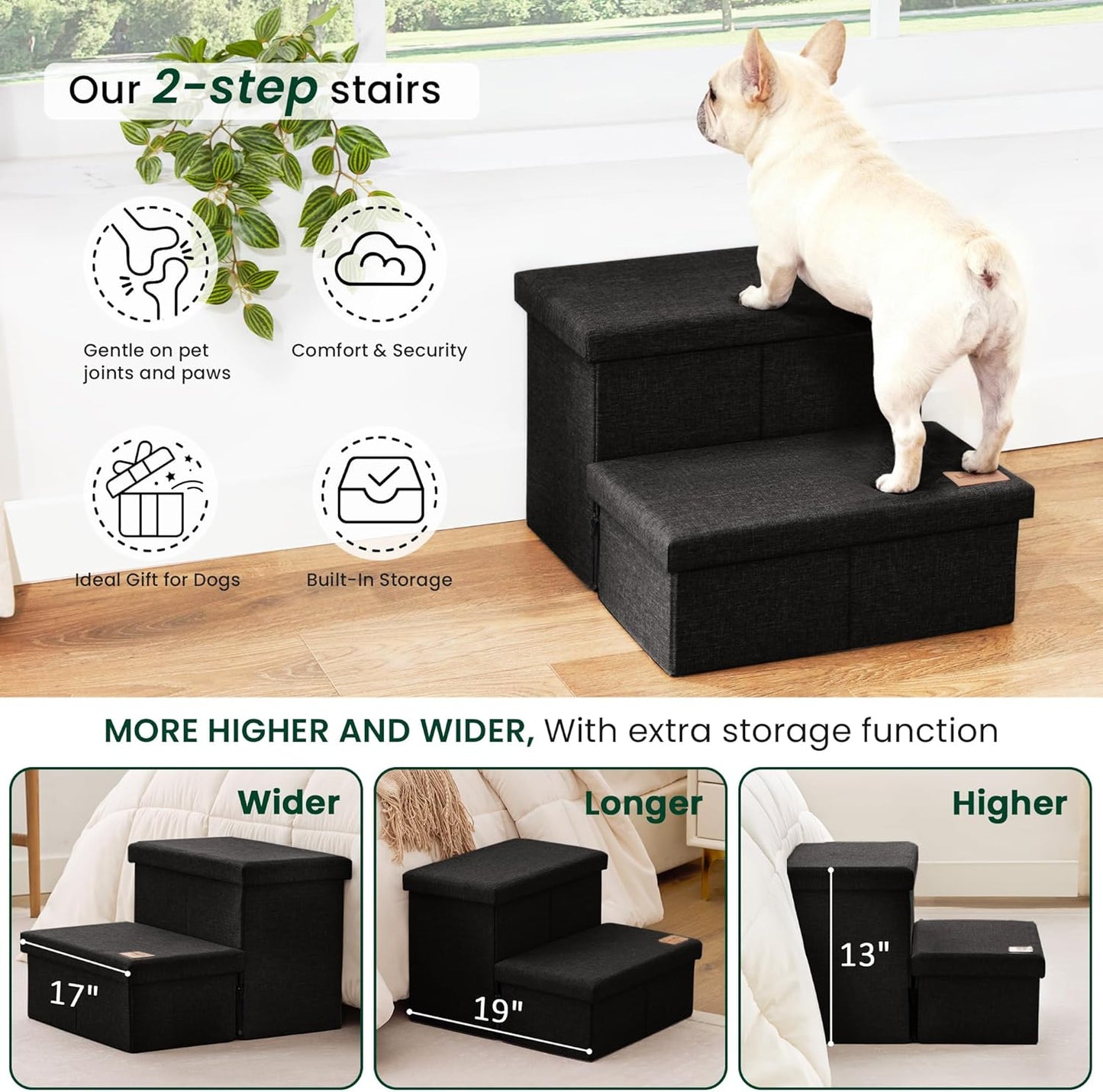 Love's cabin Dog Stairs with Storage 13" H, Foldable Pet Stairs for Small Medium or Large Dogs, Cat Puppy Steps Ramp with Zip up to 150 lbs, Solid Grey, 2 Steps