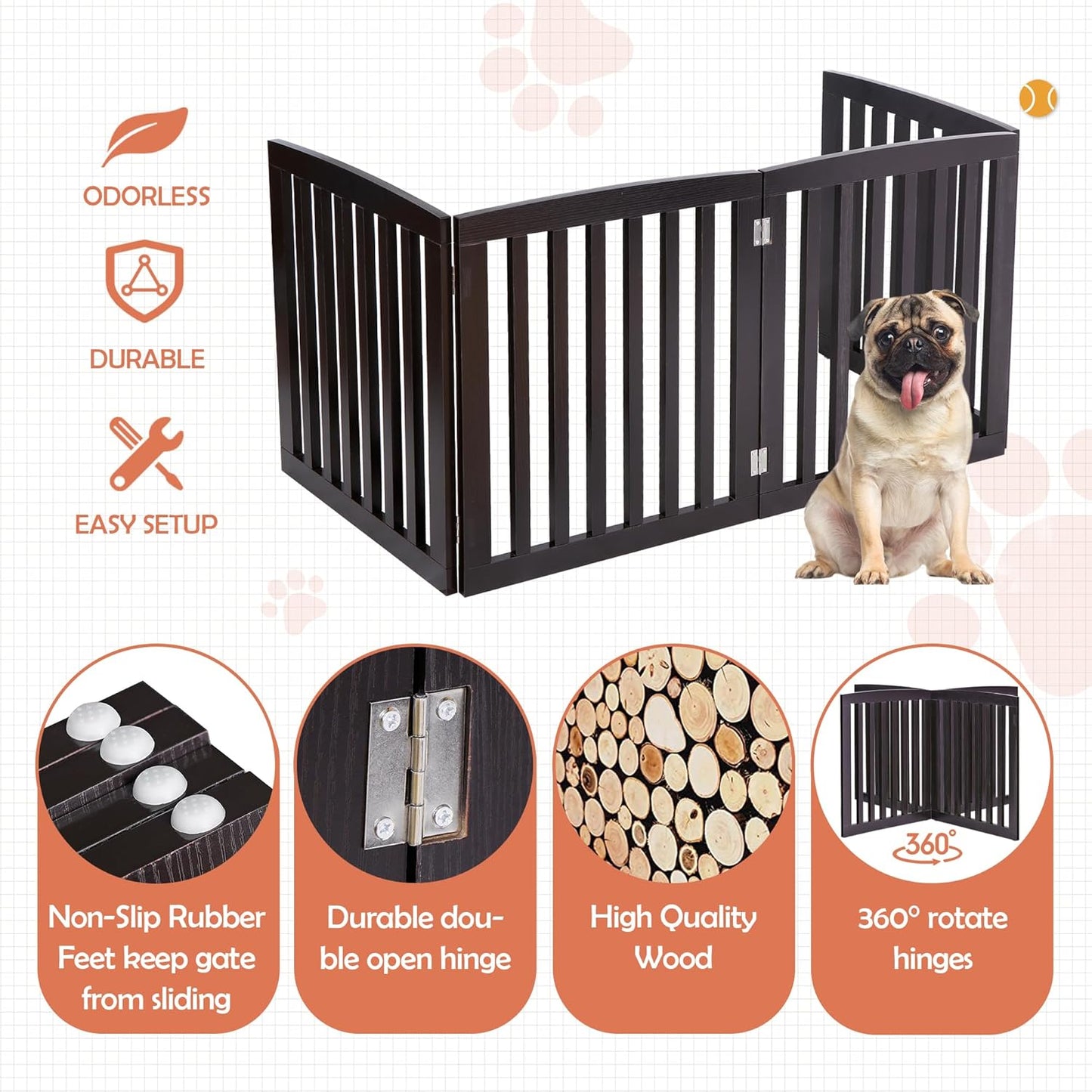 Freestanding Pet Dog Gate 36 Inch Foldable Fence Indoor 3 Panel Extra Wide Wooden Dog Door for Stairs Hallways Doorways