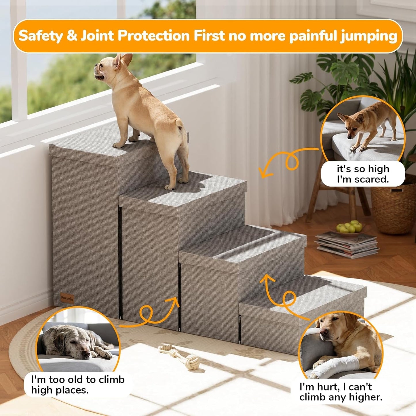 3-Step Wide Dog Stairs with Hidden Storage 18" H, Non-Slip Dog Steps for High Bed Couch Window Car, Jiont-Friendly Pet Stairs Ramp for Small/Medium/Large Old Dogs Cats Up to 200lbs, Grey