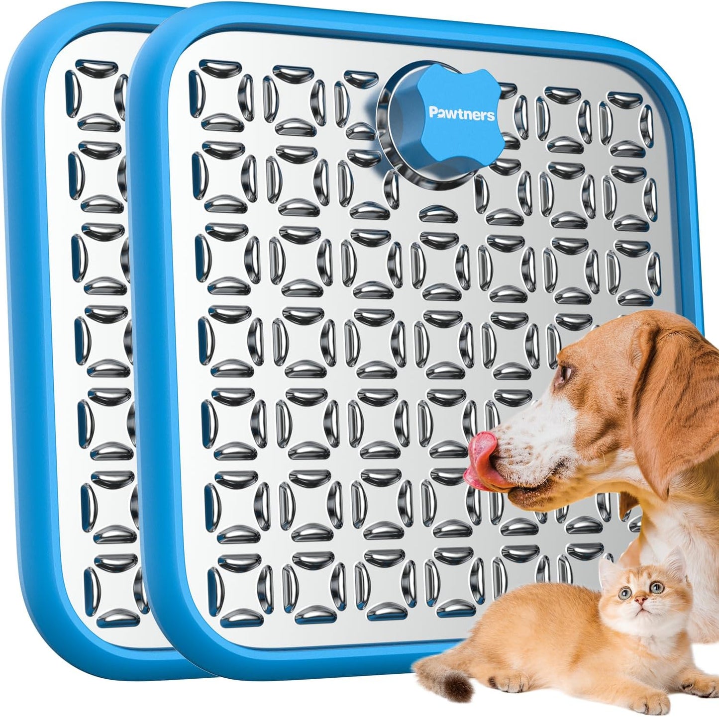 Lick Mat for Dogs & Cats, Stainless Steel Pet Slow Feeder for Crate Boredom & Anxiety Reduce, Cat Licking Pads with Spatula & Scrubbing Brush, Blue