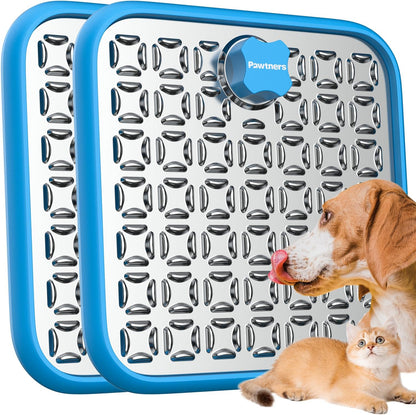 Lick Mat for Dogs & Cats, Stainless Steel Pet Slow Feeder for Crate Boredom & Anxiety Reduce, Cat Licking Pads with Spatula & Scrubbing Brush, Blue