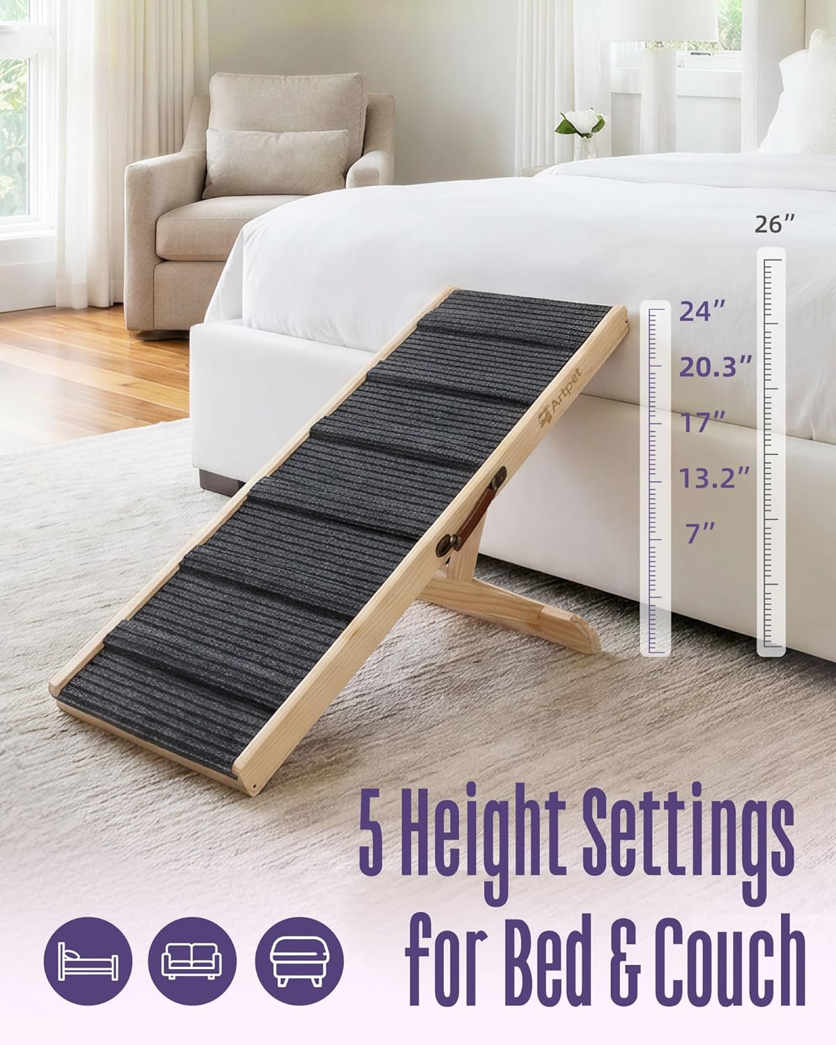Dog Ramp for Small Dogs for Couch & Bed, Dachshund Joint Care Ramp,Foldable, Anti-Slip, Portable, Height Adjustable, Supports Up to 35 lbs