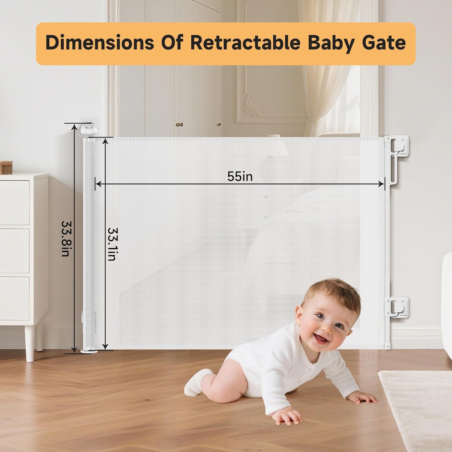 Retractable Baby Gate,55" Wide x 34" Tall Mesh Safety Gate for Dogs & Babies, Indoor/Outdoor Use for Stairs, Doorways, Hallways,Easy Installation Mesh Gate