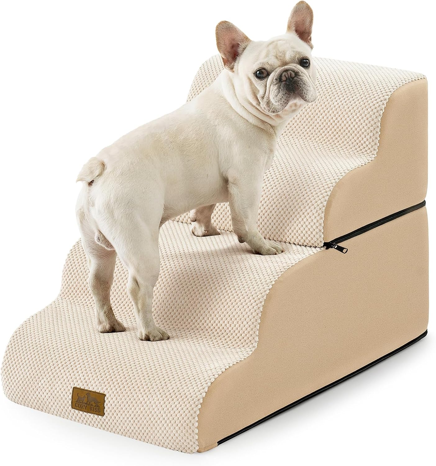 COZY KISS Extra Wide Dog Stairs with Tunnel, Foam Detachable Large Dog Step for Small Pet, Puppy or Cats, Medium Pet Ramp for High Bed, Couch, Sofa or Car, 19.7x33x22.4 inch, 5 Step, Beige