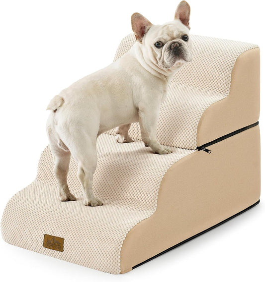 COZY KISS Extra Wide Dog Stairs with Tunnel, Foam Detachable Large Dog Step for Small Pet, Puppy or Cats, Medium Pet Ramp for High Bed, Couch, Sofa or Car, 19.7x33x22.4 inch, 5 Step, Beige