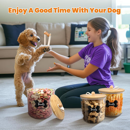HOYTAMDAR 3 Pack Airtight Dog Food Storage Container, Dog Treat Container Dog Food Container with Wood Lids 8x7''&6x5'',Pet Food Storage Container,Cat Food Containers with Scoops,Clamp,Labels,Pens