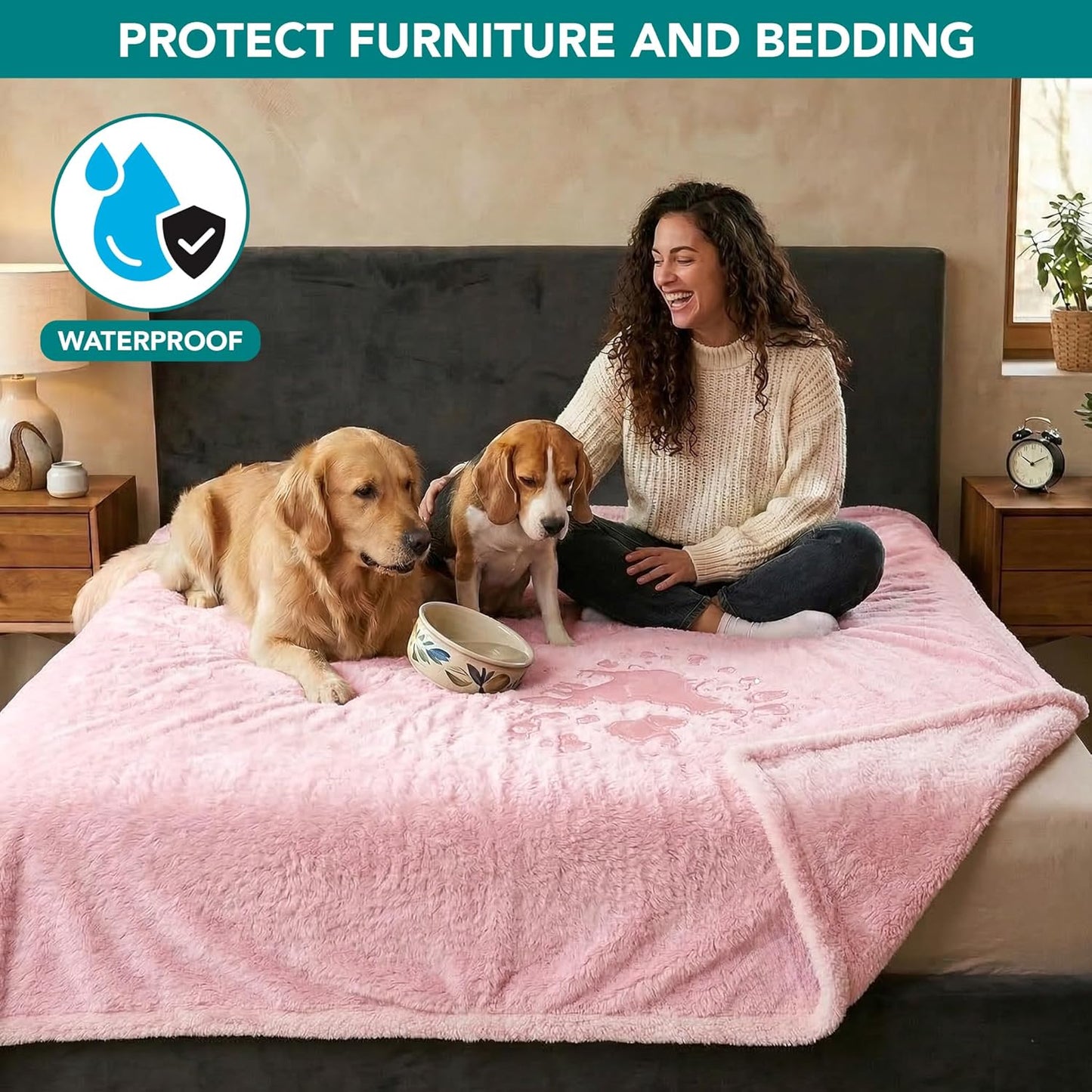 PetAmi Fluffy Waterproof Dog Blanket for Couch and Bed, Reversible Sherpa Pet Throw, Pee Proof Furniture Protector Sofa Cover, Washable Cat Blanket for Medium Large Dogs and Cats (Beige Cream, 60x80)