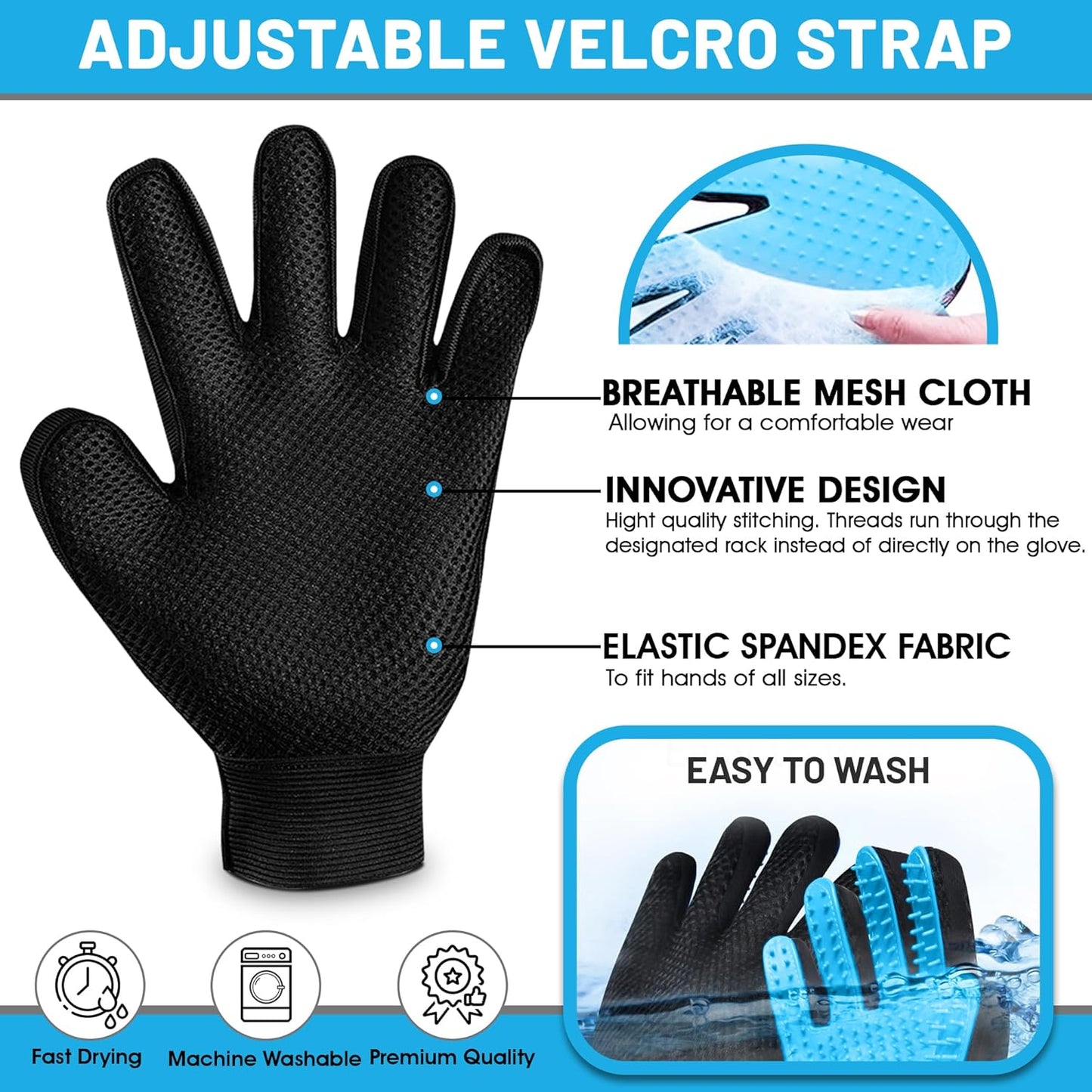 Upgrade Pet Grooming Gloves, Grooming Gloves for Dogs, Cats, Rabbits & Horses with Long and Short Hair, Efficient Pets Hair Remover Mittens - 1 Pair (Blue)