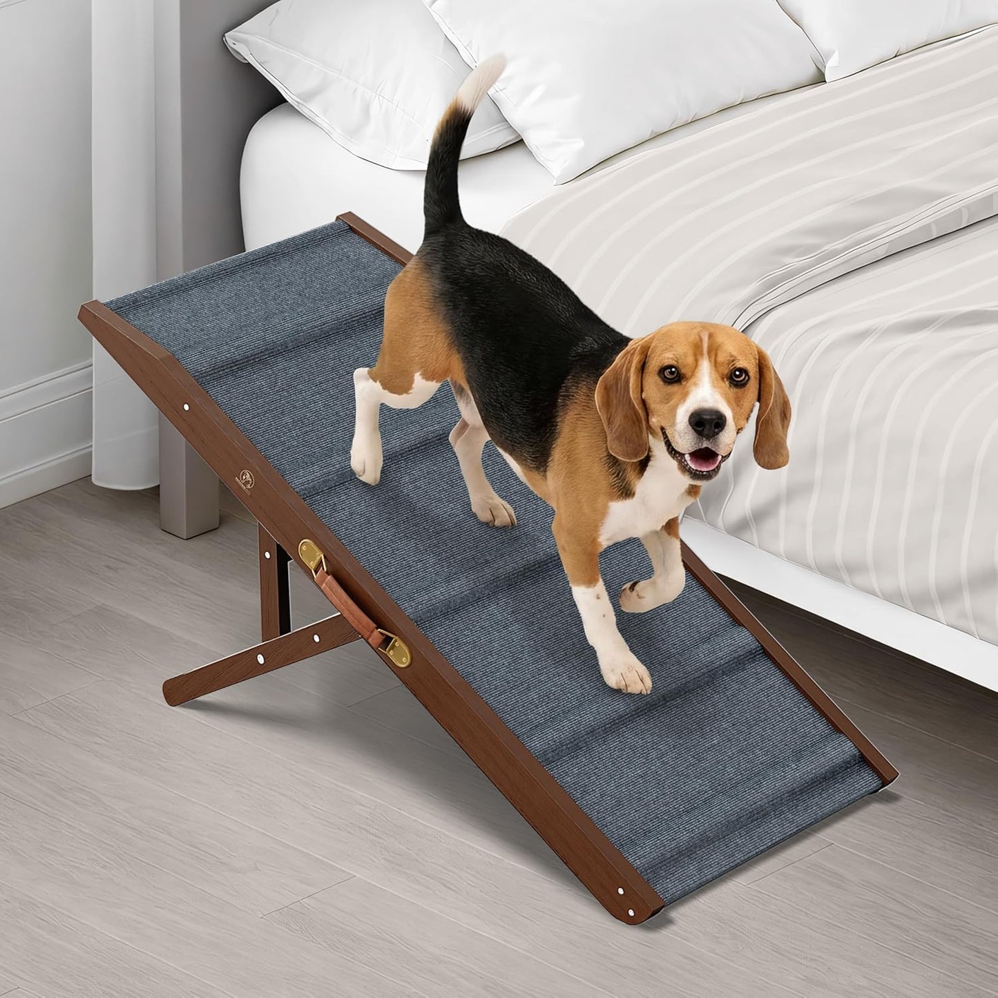Adjustable Dog Ramp - 50" L x 18.5" W Ramp for Large Dogs to Get on Bed with 6 Incline Levels & Non-Slip Traction Carpet - Also Ideal for Medium & Large Breeds (Natural)