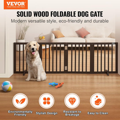 VEVOR Freestanding Pet Gate, Wooden 24" H x 80" W, 4-Panel Foldable Gate for Wide & Narrow Passageways, Expandable Dog Barrier with Silent Foot Support, White