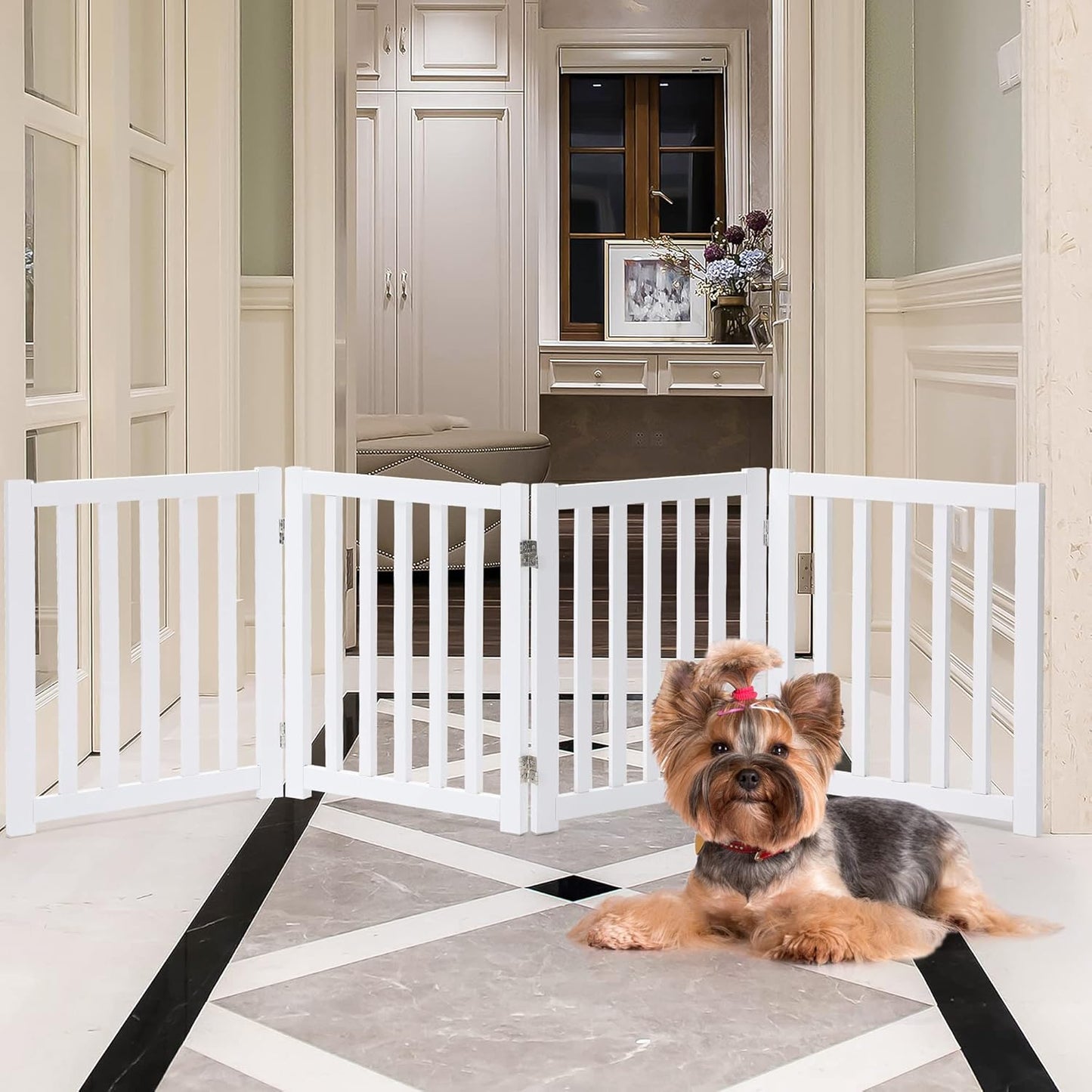 LZRS 2-Panel Wooden Free Standing Foldable Dog Gate Indoor – Solid Hardwood 24" High, Step-Over Safety Pet Gate for Doorways, Stairs & Small Spaces - Indoor Use, White