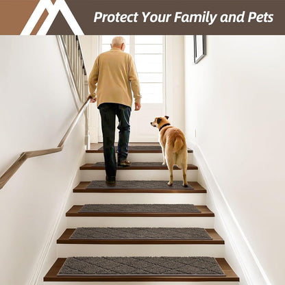 COSY HOMEER Edging Stair Treads Non-Slip Carpet Mat 28inX9in Indoor Stair Runners for Wooden Steps, Edging Stair Rugs for Kids and Dogs, 100% Polyester TPE Backing (7pc, Beige)