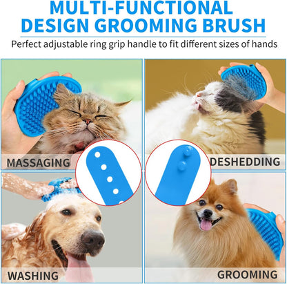 Comotech 3-in-1 Dog Grooming Brush | Adjustable Handle Shampoo Brush & Scrubber for Short & Long Haired Dogs & Cats (Blue Blue White)