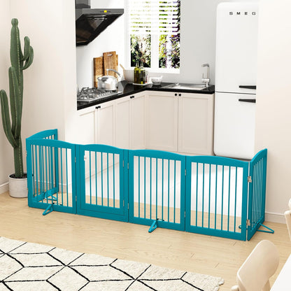 PUPETPO Freestanding Dog Gate with Door, Pet Gate for Stairs, 80 inch Wide Pet Barrier Indoor, Dog Fences Indoor, Support Feet Included, 4 Panels, 24" Tall, Dark Brown