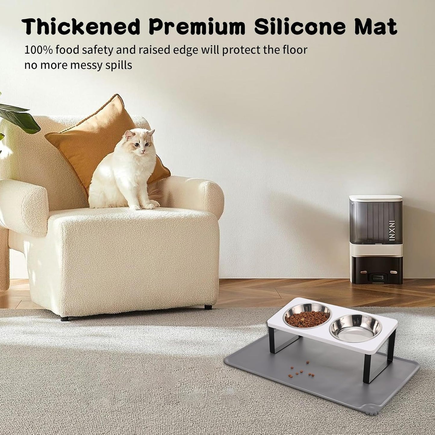 Upgraded Elevated Cat Bowls with Food Mat,15°Tilted Stand Anti Vomiting Raised Cat Dishes for Food and Water,2 Stainless Steel Bowls for Cats and Puppy