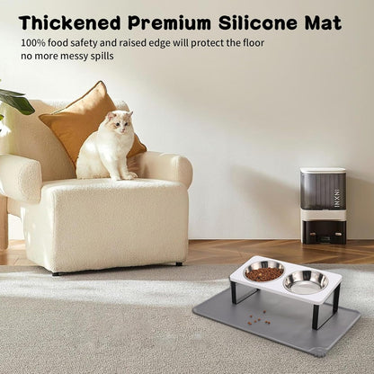 Upgraded Elevated Cat Bowls with Food Mat,15°Tilted Stand Anti Vomiting Raised Cat Dishes for Food and Water,2 Stainless Steel Bowls for Cats and Puppy