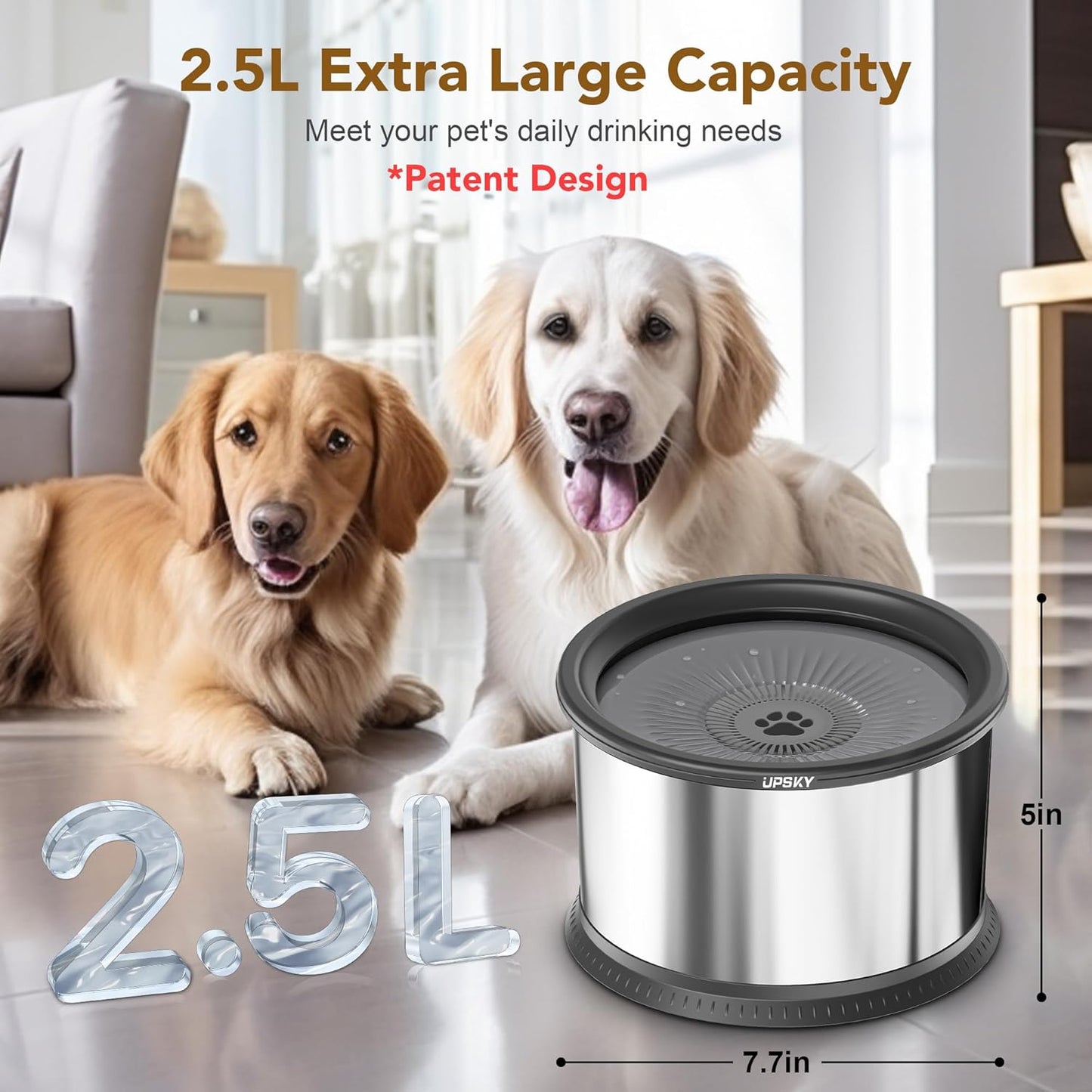 UPSKY 2.5L Dog Water Bowl, No Spill Dog Water Bowl, Stainless Steel Spill Proof Slow Water Feeder,No Splash Water Bowl with Anti-Slip Mat for Messy Drinkers Grey, D.2.5L