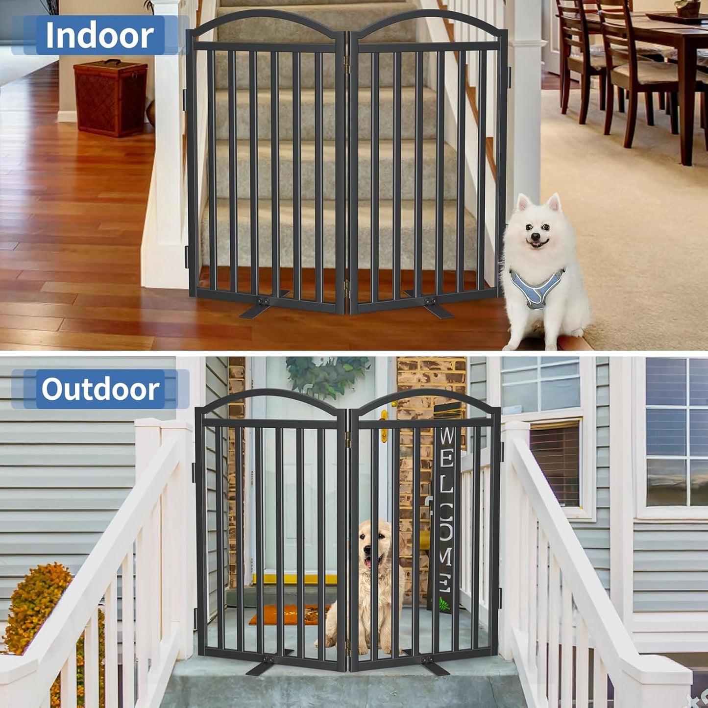 Malier Metal Freestanding Dog Gate, 32'' Height Outdoor Indoor Dog Fences, Extra Wide Foldable Puppy Gate for Stairs (Black, 【2 Panels】 40''W × 32''H)