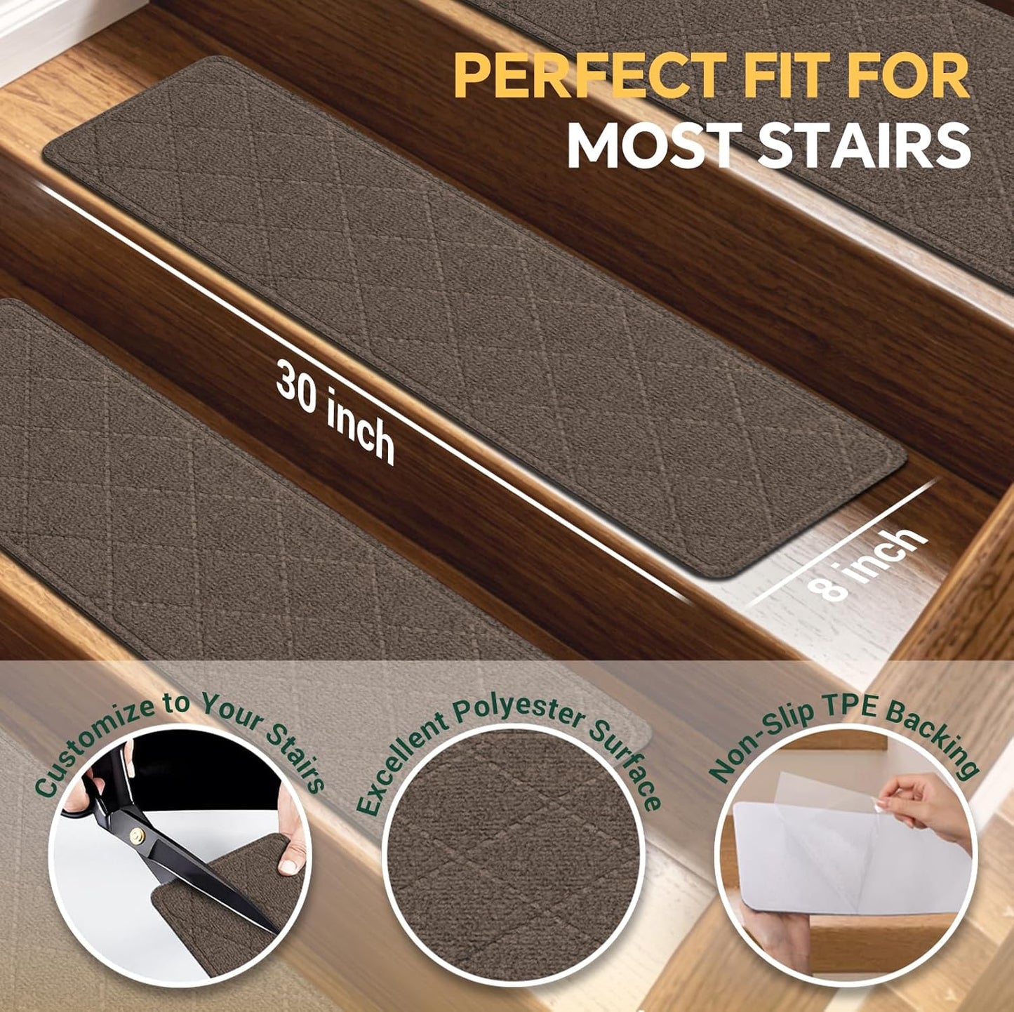 Stair Treads Non-Slip for Wooden Steps, 15Pack - 8" x 30" Edging Stair Runner Indoor for Kids Elders & Pets, Washable Carpet Stair Treads with Peel & Stick Reusable TPE Backing, Beige