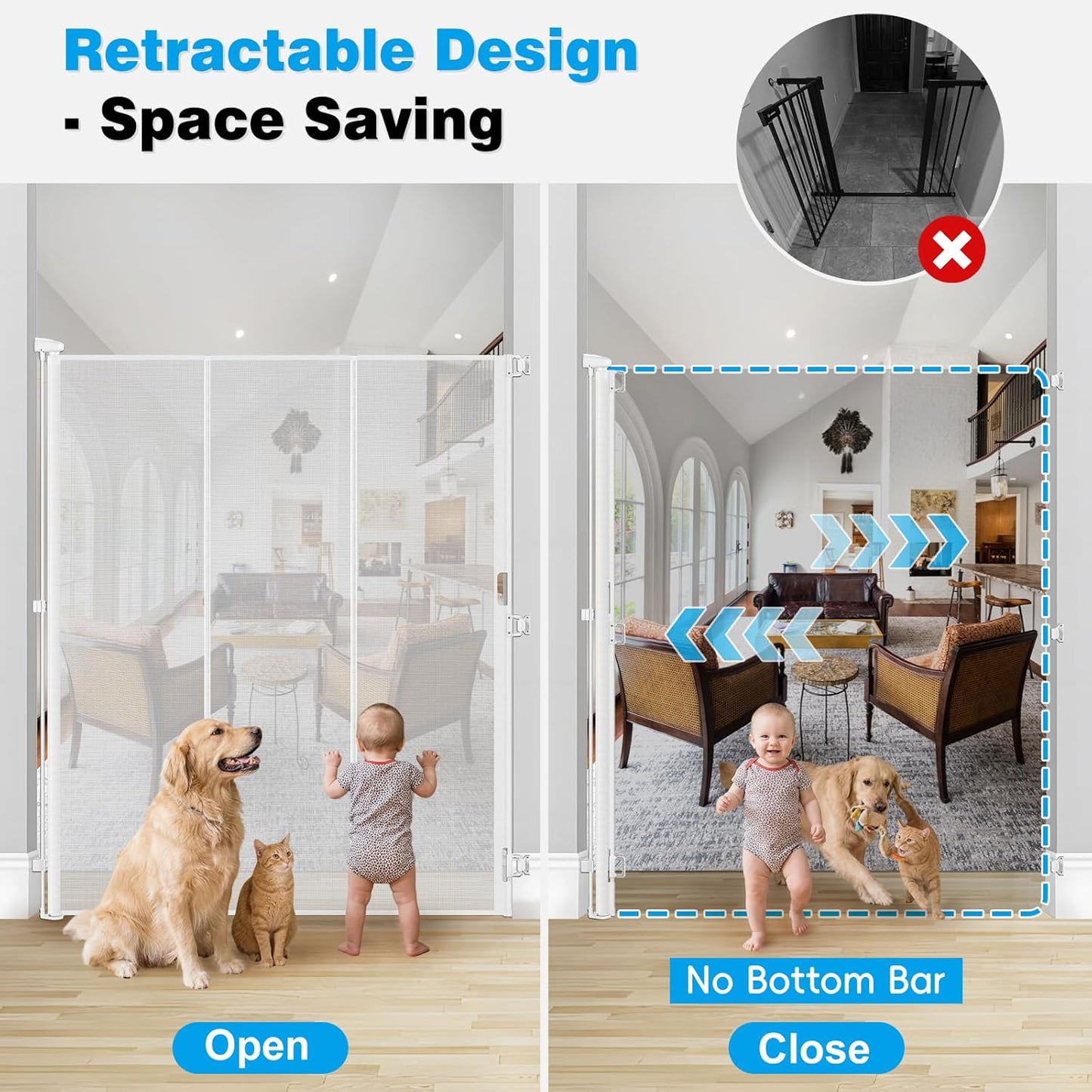 Reinforced 72" Extra Tall Pet Gate for Cat, Dog, Puppy & Baby, Jump-Resistant & Prevent Crawling Underneath Retractable Baby Gates, Fits 0-55" Width Safety Mesh Dog Gate, 6 Foot Extra Tall Cat Gate