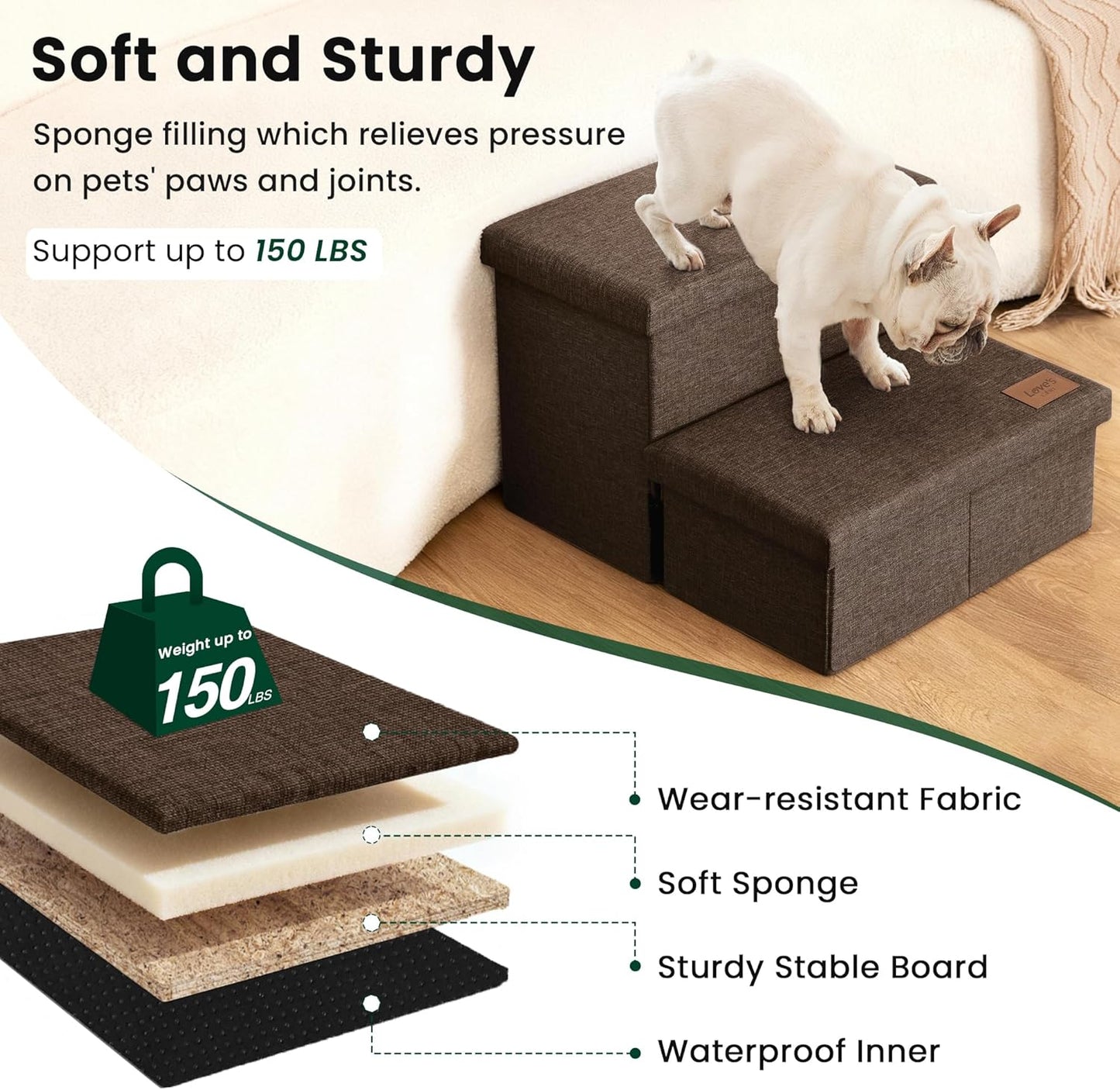 Love's cabin Dog Stairs with Storage 13" H, Foldable Pet Stairs for Small Medium or Large Dogs, Cat Puppy Steps Ramp with Zip up to 150 lbs, Solid Grey, 2 Steps