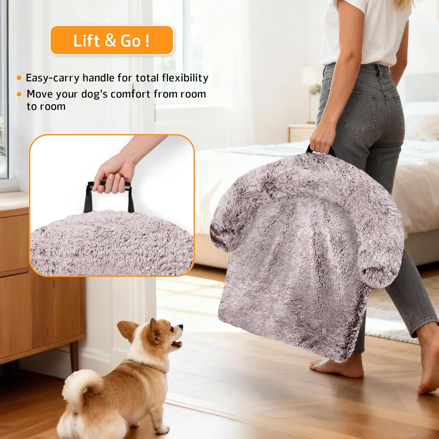 Calming Dog Bed Fluffy Plush Dog Mat for Furniture Protector with Removable Washable Cover for Large Medium Small Dogs and Cats (Large, Light Grey)