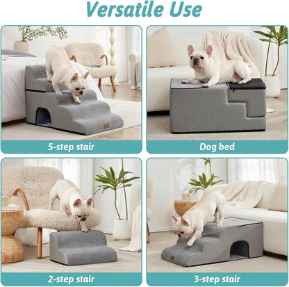 COZY KISS Extra Wide Dog Stairs with Tunnel, Foam Detachable Large Dog Step for Small Pet, Puppy or Cats, Medium Pet Ramp for High Bed, Couch, Sofa or Car, 19.7x33x22.4 inch, 5 Step, Beige