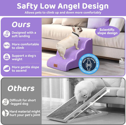 Zerbuger Dog Ramp and Stair for Bed 16" H-20 H,3-Step Cat Stair for Sofa and Chair,4-Step Dog Ramp for High Bed and Window,Durable Nonslip Fabric Cover for Indoor (Purple-20 H, Pet Friendly, 4)