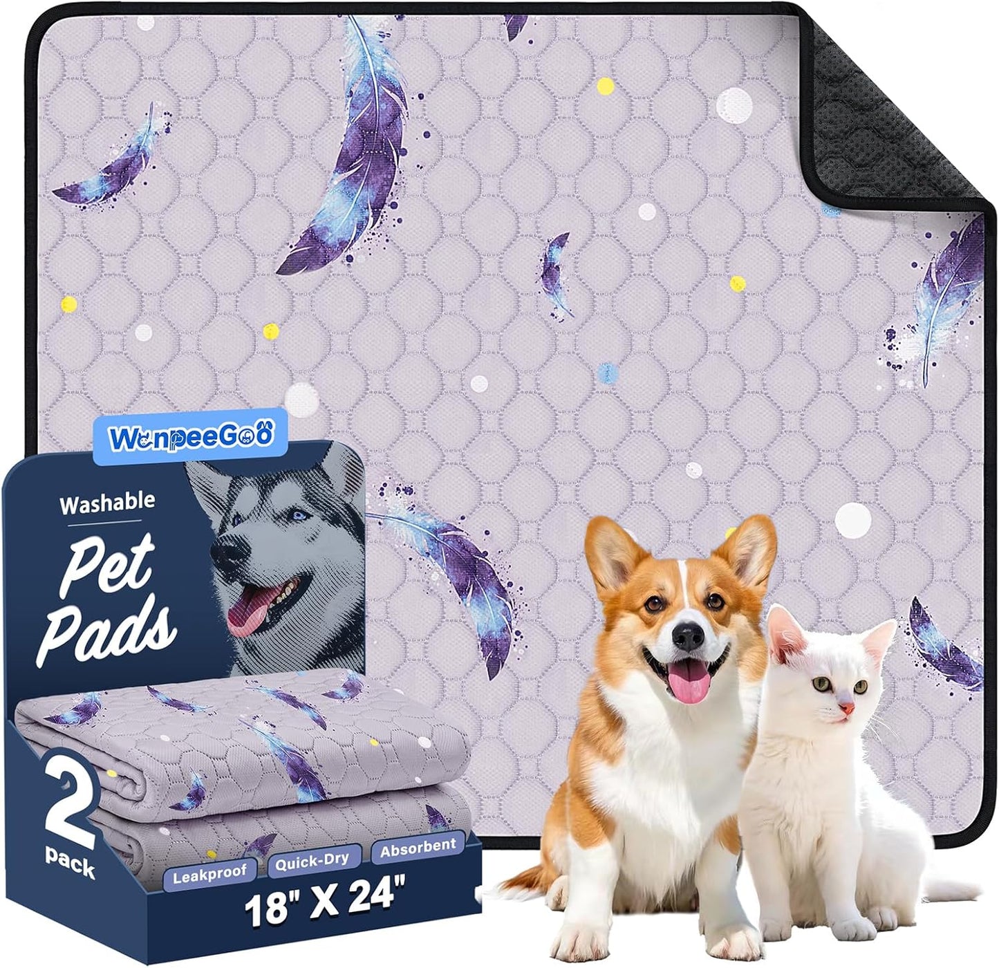 WanpeeGoo Washable Pee Pads for Dogs, 2Pack Reusable Puppy Pads, Super Absorbent & Leakproof Dog Pads, Anti-Slip Dog Pee Pads for Puppy Training & Incontinence, Feather Pattern 36"x41"