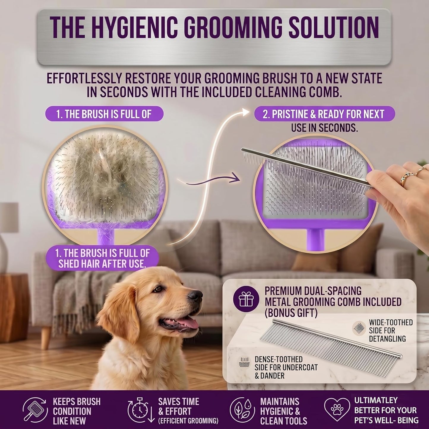 Slicker Brush for Dogs, Large Dog Grooming Brush for Doodles Goldendoodles Poodles Labradoodle Bernedoodles, Long Combs to Wavy & Curly Hair - Wooden Handle 3 Pcs - Nature