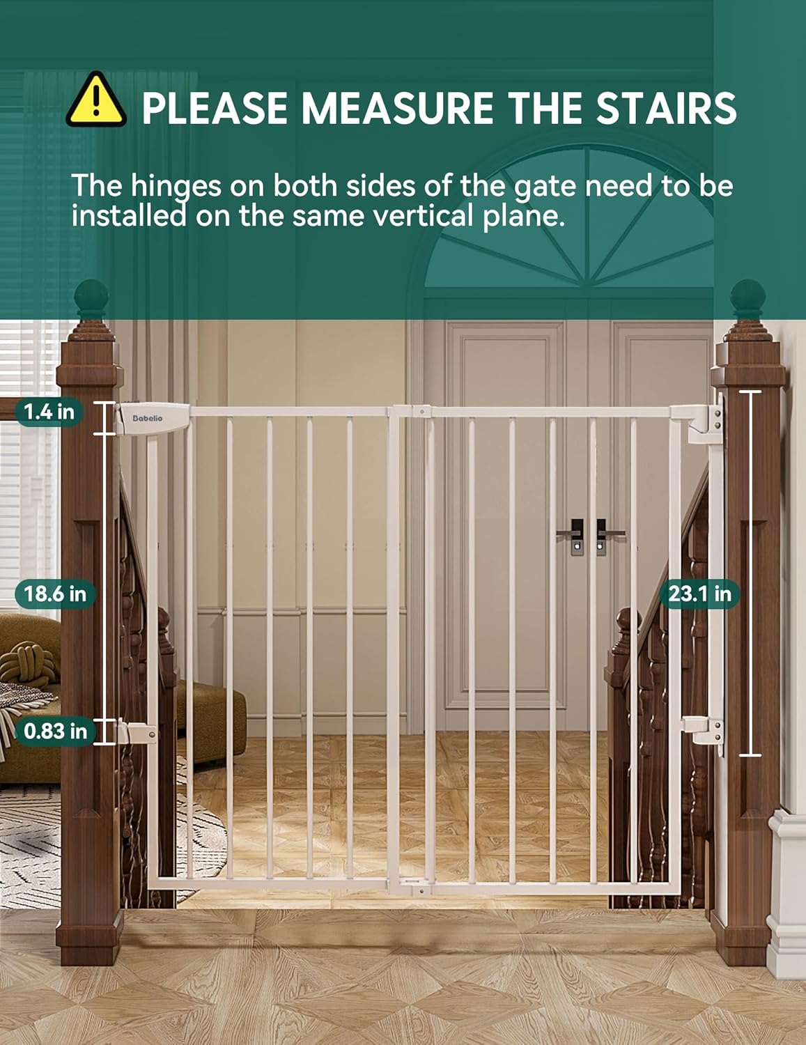 Babelio 29.7-46.5" No Bottom Bar Baby/Dog Gate for Stairs, House and Doorways, Auto Close Safety Pet Gates with Large Walk Thru Door, Hardware Mount, Black