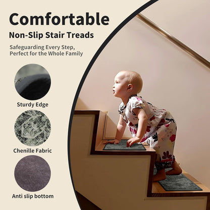 Non-Slip Stair Treads for Wooden Steps 15pcs,8"x30" Stair Carpet Treads for Indoor Use,Peel and Stick Stair Runners,Washable Reusable Adhesive Backing,Pet-Friendly Stair Capet for Kids,Elders,Dogs