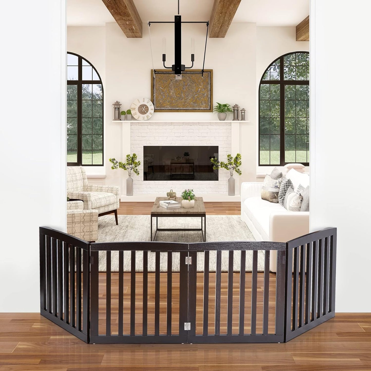 Freestanding Pet Dog Gate 36 Inch Foldable Fence Indoor 3 Panel Extra Wide Wooden Dog Door for Stairs Hallways Doorways