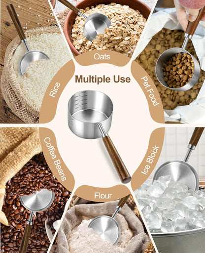 Stainless Steel Dog Food Scoop 1 Cup, Dog Food Measuring Cup With Measuring Lines (Cup/ML) & Long Wooden Handle, Metal Pet Food Scoop For Dogs, Cats and Kitchen Use, Dishwasher Safe